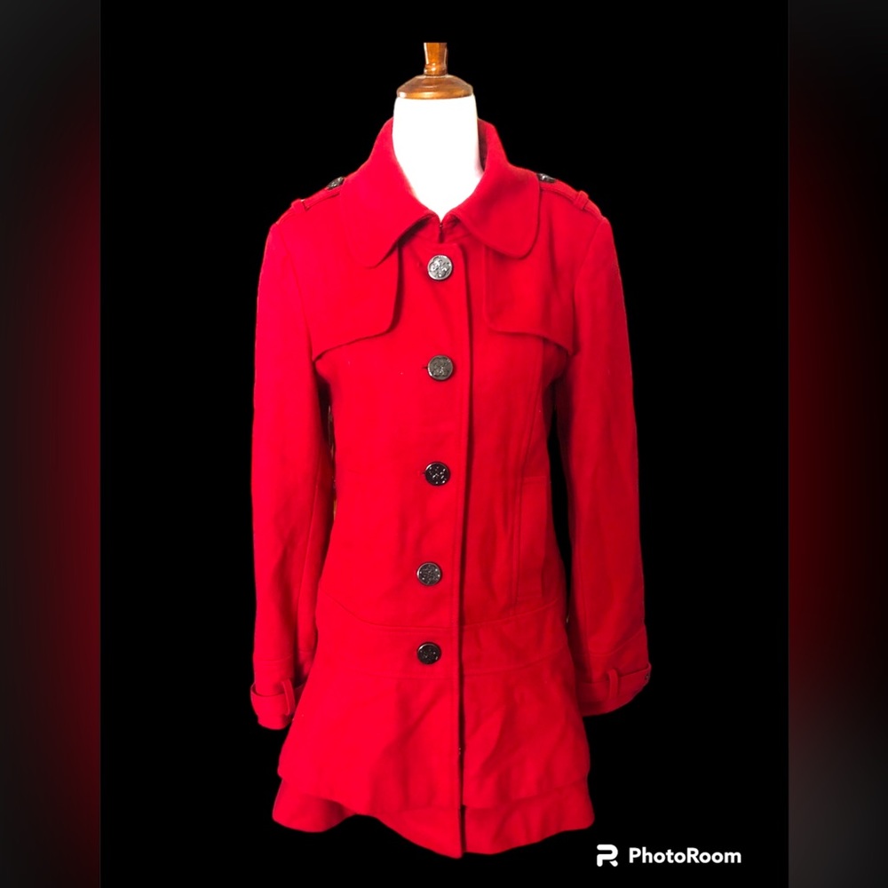 🎉HP🎉‎ Academia Red Wool Blend Pea Coat Ruffle Black Buttons Sz M